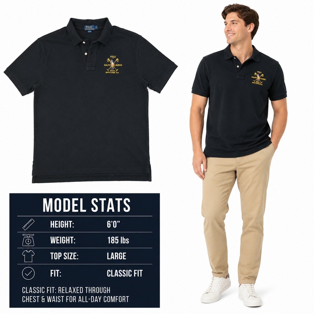 Polo Ralph Lauren Mens Large Black Embroidered Crest RLPC‎ Polo Shirt Cotton L